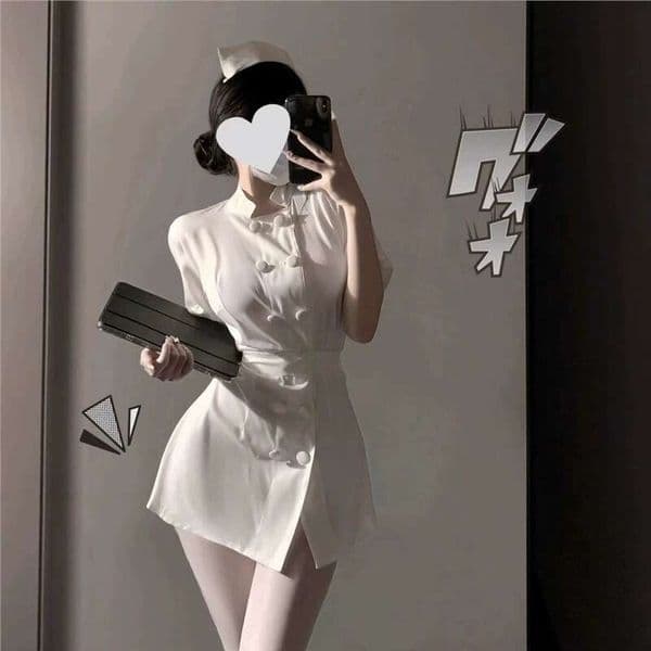 Women Retro Nurse Costume Dress White Button-Up Mini Dress with Hat for Halloween, Cosplay & Party Wear