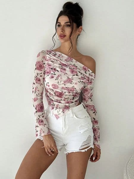 Spring and Autumn womens elegant romantic flower print long sleeve irregular hem Tshirt 260126BJ
