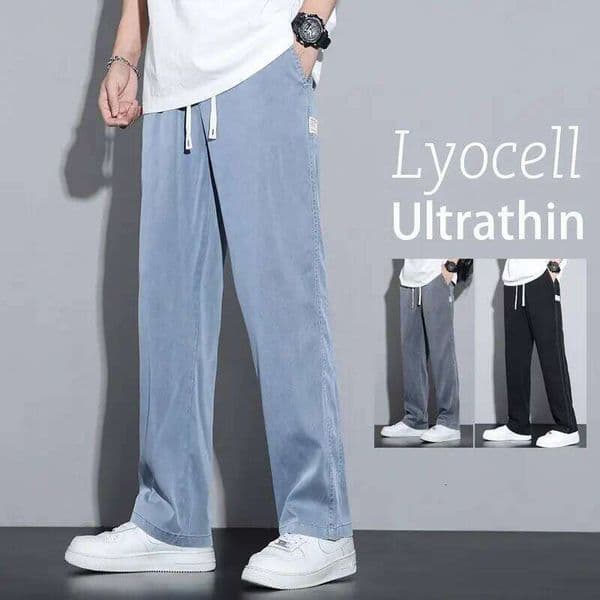 Summer Soft Lyocell Fabric Men's Jeans Thin Loose Straight Pants Drawstring Elastic Waist Korea Casual Trousers Plus Size M-5XL X260207