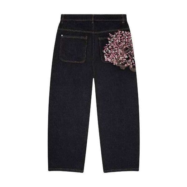 Y2K Goth vintage jeans plum blossom embroidery Harajuku pattern denim fabric wide leg pants American style men women street wear X260207