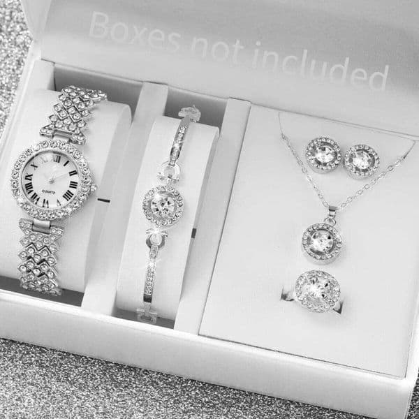 6PCS/Set Luxury Rhinestone Women's Silver Band Ladies Roma Dial Quartz Watch Jewelry SetWithout Box C260206