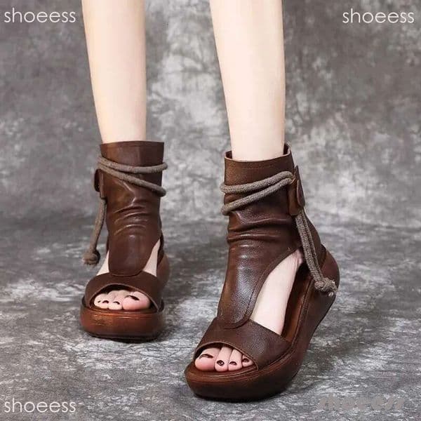2026 Retro Sandals Fashion Leather Boots Breathable Platform Designer Mid Heels Women Wedges Shoes Sandalias Mujer