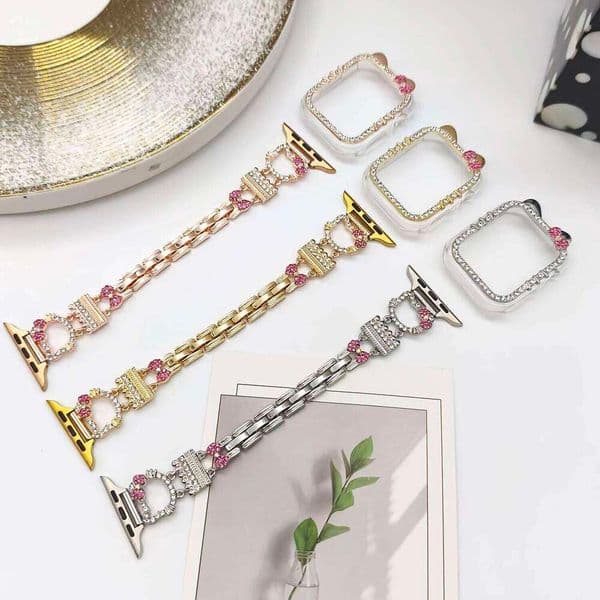 Cat Diamond strap/Case Apple Watch Strap 45mm 44mm 40mm 41mm Metal strap Cute and Fun case for iwatchx Series 987654SE Z260207