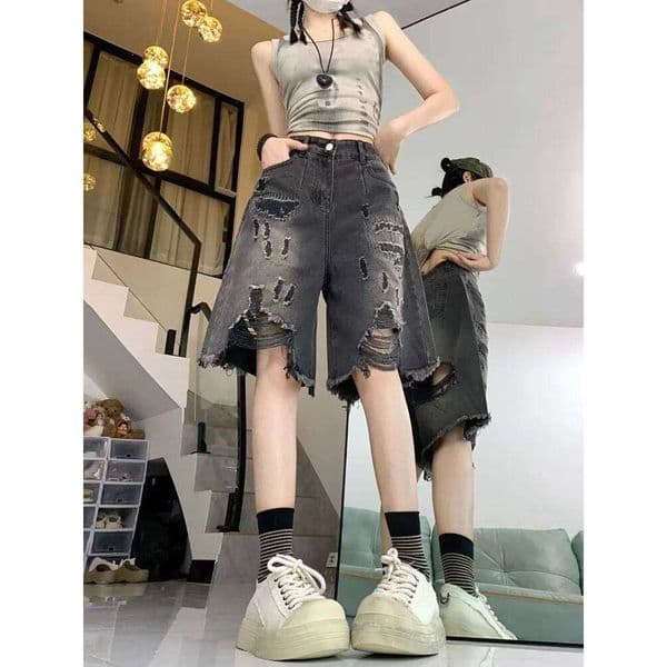 American Vintage Hole Denim For Women Summer High Waist Wide Leg Shorts 2025 New Loose Straight Five-point Pants H260207
