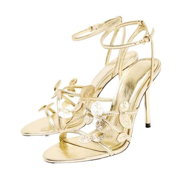 Designer Shoes Elegant Gold Leaf Narrow Band High Heeled Sandals Women Fashion Open Toe Ankle Buckle Dress Luxury Brand Designer Shoes
