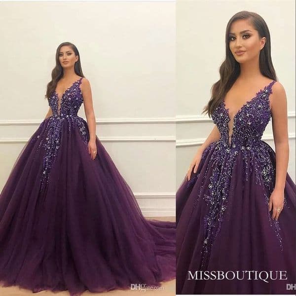 Exquisite Arabic Dresses For - Purple Ball Prom Dresses, V-Neck Lace Applique Tulle Evening Dress, Backless Plus Size Formal Gown F0207