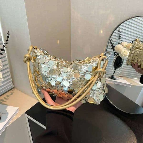 Retro Sequined Design Women's Shoulder Bags Solid Color Cool Hot Girls Phone Underarm Bag Simple Portable Ladies Handbags Purse Y260205