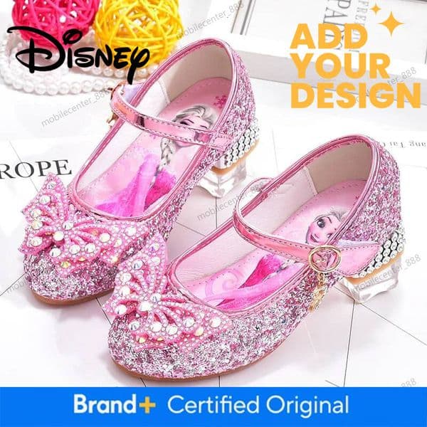 Disney Princess Elsa Leather Shoes Girls' High Heels Shoes Fashion Girls' Crystal Shiny Children's Blue Pink Shoes Size 26-35