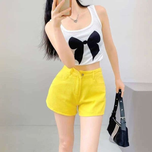 Summer Denim Shorts Women Lemon Yellow A-shaped Wide Leg Curled Jeans Hot Pants H260207