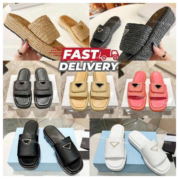 Top Quality Slippers luxury Designer Casual shoes men triangle Sliders fashion sandal Raffias Straw weave platform shoes Slide beach pool flat