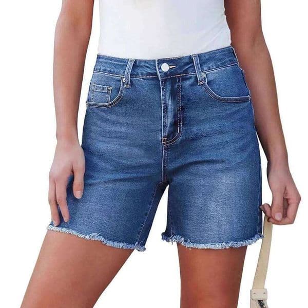 Denim Shorts Distressed Women Jean High Waist Trousers Knee Length Spliced Zipper Fly Washed Solid Pockets Casual Summer XJ260206