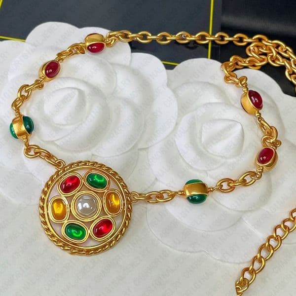 Classic Elegant Link Chain Necklaces Vintage Style Antique Style Colorful Gemstone Pendant Gold Necklace Fashion Jewelry Jewellery Gift
