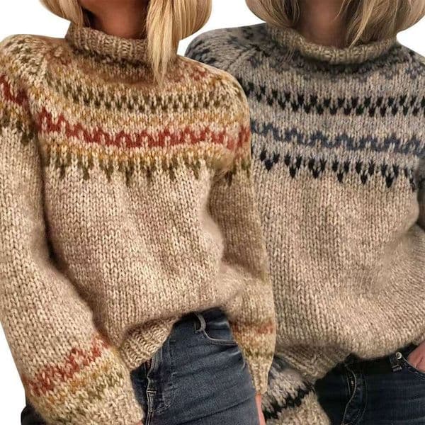 Amazon New European and American Style Sweater for Women Wish Hot Sale High Neck Color Block Loose Fashion Pullover Knitwear