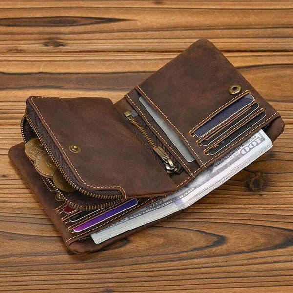 New Vintage Crazy Horse Leather Wallet, Zipper Coin Pocket & Snap Closure, Multi-Card Bifold with RFID Blocking Y260206