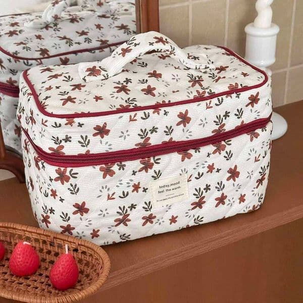 Vintage Orange Flower Corduroy Tote Women's Travel Organizer Toiletry Cosmetic Handbag Pouch Ladies Quilted Clutch Bag Y260206