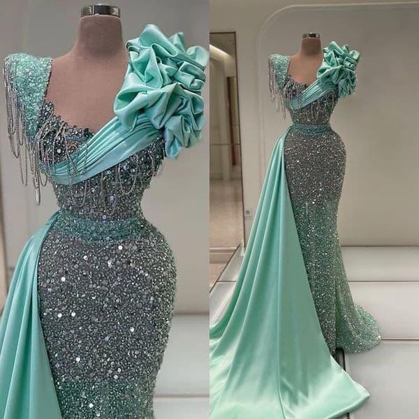 Elegant Sequins Evening Dresses Ruffle Prom Dress Detachable Train Tassel Princess Sweep Train Customized Party Gowns Vestidos De Noche