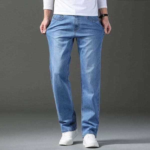 Plus Size 40 42 44 Men's Light Blue Jeans Spring and Summer Loose Straight Advanced Stretch Thin Denim Pants Male Brand Clothes X260207