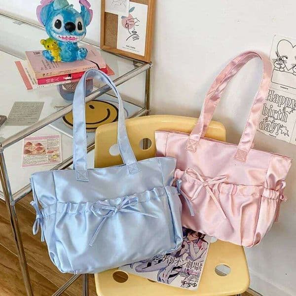 Elegant Bow Womens Shoulder Nylon Pleated Korean Style Fashion Tote Bag Large Capacity Cute Pink Sweet Female Handbag Z260207