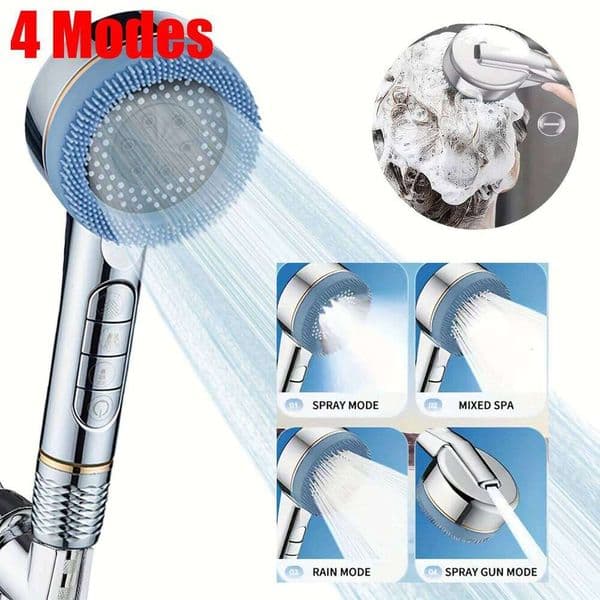 4 Modes Massage Button Switch Large Flow Anti-bifurcation Silicone Outlet Water Saving Bathroom Shower Head 26H0207