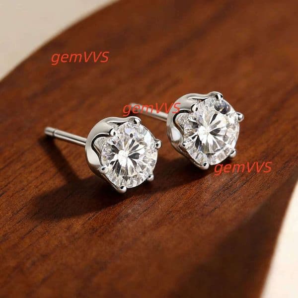 925 Sterling Silver Rhodium Plated Moissanite Solitaire Stud Earrings Sculpted Six Claw Flower Setting GRA Certified Women's