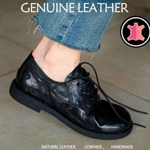 Womens Cow Leather Laceup Flats Oxfords Round Toe Retro British Style High Quality Soft Comfortable Genuine Daily Shoe 260208BANJIA