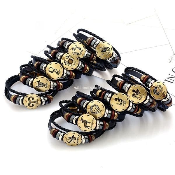 Fashion 12 Horscope Sign Leather Bracelet Designer Coin Charm Designer Jewelry Multilayer Wrap Stack Bracelets Bangle Cuff for Woman Man Will and Sandy Jewelry