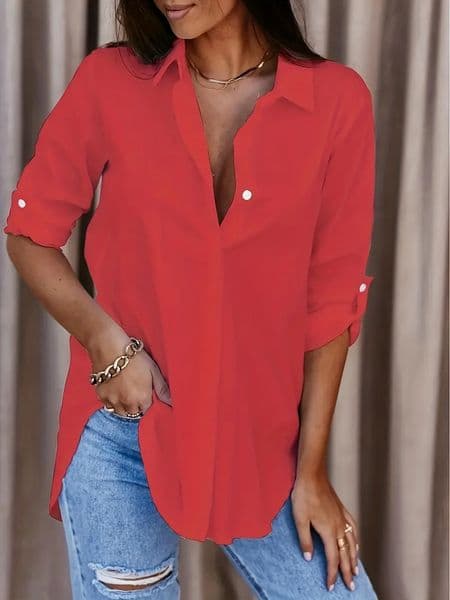 Plus Size Formal Shirt Plain Long Sleeve Turn DownCollar Button Up Workwear Womens 250203