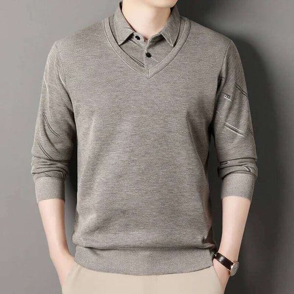 Men's Fleece Lining Sweater Autumn Winter Pullover Shirt Collar Fake Two Piece Thick Warm Top Clothes Casual Knitwear H260207