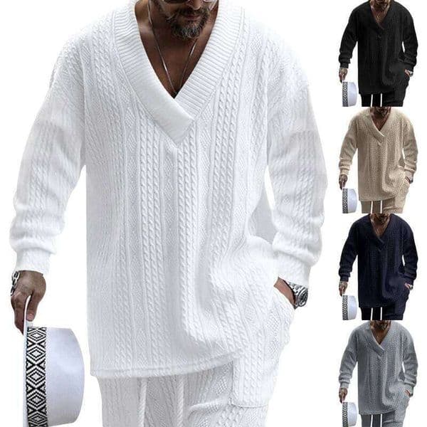 Sweater Autumn Winter V-Neck Jacquard Warm Solid Color Long-Sleeved Sweater, Casual Fashion Street Suit New Men's Pullover H260207