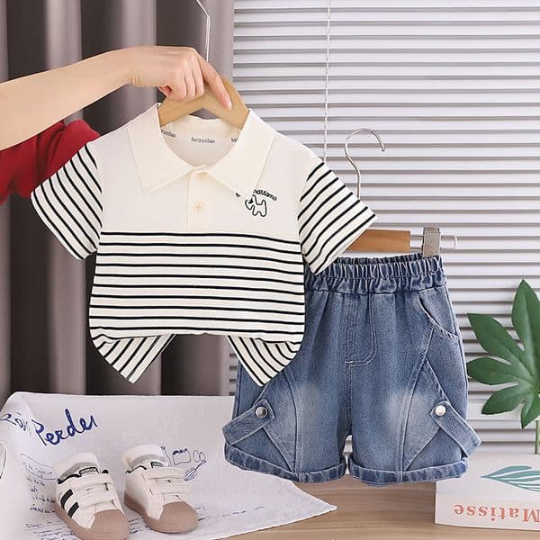 Kids Clothing Boys Summer Suit Toddler Outfits 2026 New Baby Boy Clothes 1-5T Striped Turn-down Collar Short Sleeve T-shirts and Shorts 2 Piece Childrens Set S260415
