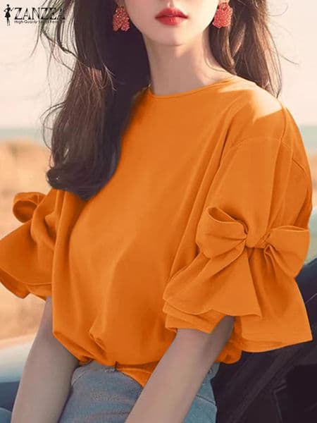 ZANZEA Vintage Bow Tie Patchwork Chiffon Blouse Women Korean Ruffles Shirt Autumn Elegant Lantern Short Sleeve Tops Tunic 260207BJ