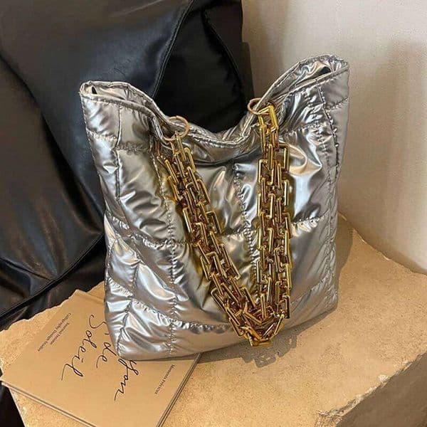 Solid Color Winter Fashion Shoulder Bags For Women, Acrylic Chain Casual Tote Designer Plaid Down Cotton Ladies Handbags C260207