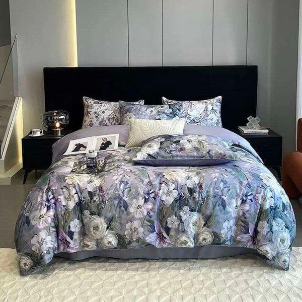 Gray Purple Floral Print 4Pcs 600TC Egyptian Cotton Bedding Comforter Quilt Cover Zip Closure Duvet cover Bed Sheet Pillowcases S260207