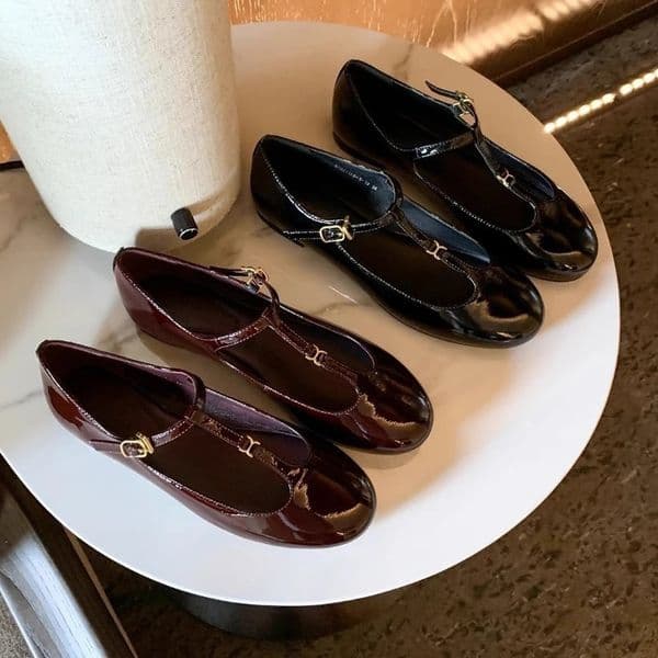 Tstrap Mary Janes Shoes Women Patent Leather Elegant Black Ballet Flats Female Shiny Glossy Buckle Strap Pumps Loafers 260119
