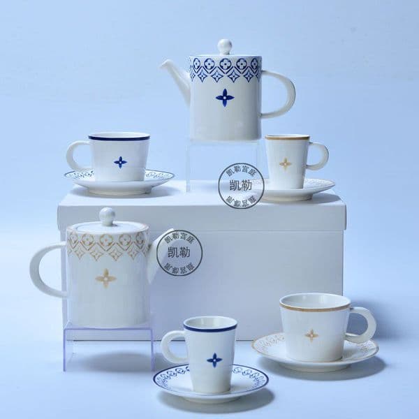European letter Mediterranean blue and white hard porcelain coffee set tea set presbyopia ceramic coffee pot tea pot coffee cup saucer