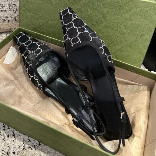designer heels Designer Sandals Lace up shallow cut Mid Heel Black mesh with crystals sparkling Print shoes Rubber Leather summer Ankle Strap Slippers slides