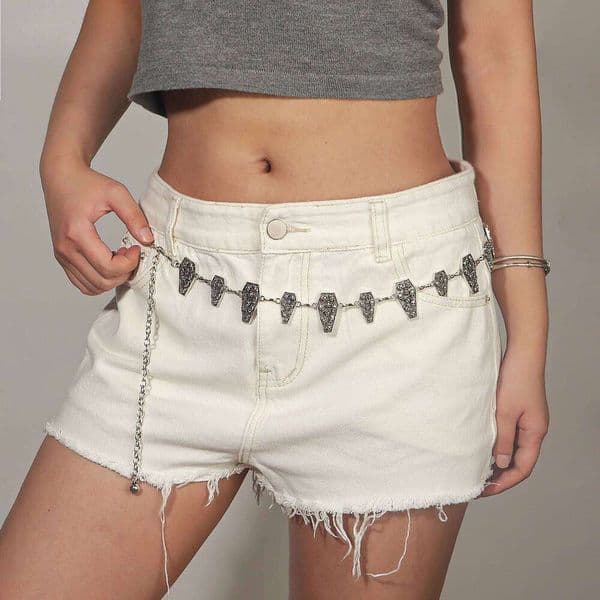 New style street tough girl punk hip-hop outfit with short pants, belt, chain for a fashionable and sophisticated look. X260209