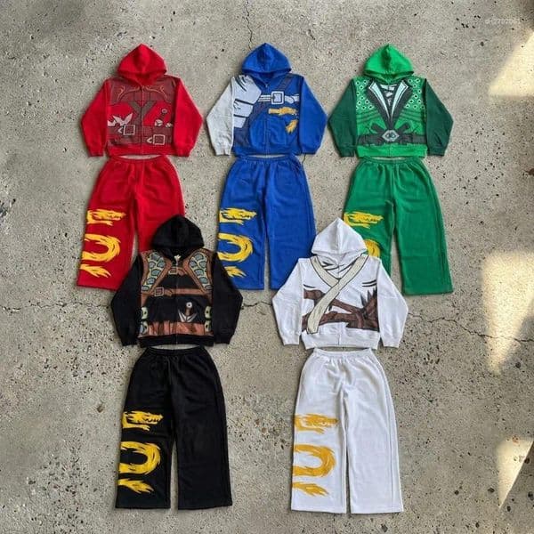 Men's Tracksuits 2 Piece Set Anime Character Zipped Hoodie High Street Cosplay Print 5 Colors Daily Wear Trendy Wide Leg Pants