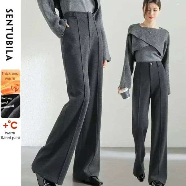 SENTUBILA Wool Blend Flare Women Winter Thick Warm Trousers 2025 High Waist Office Lady Fashion Casual Pants 144K57322 26W0209