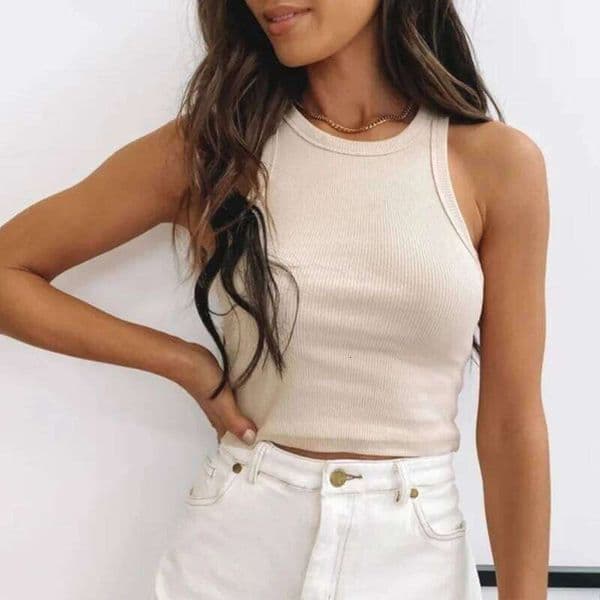 Ribbed Tank White 2024 Summer Casual Fitness Short Vest Candy Colors Knitted Off Shoulder Sexy Crop Top Women 26Y0209