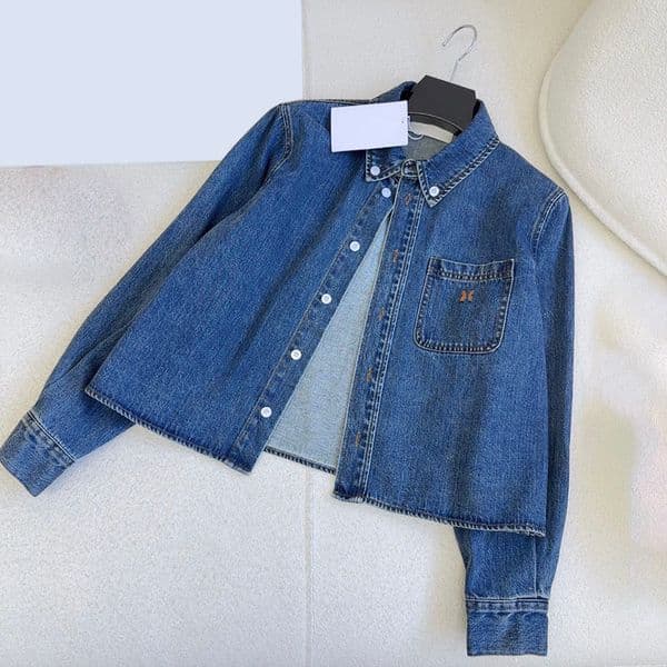 Women Blue Denim Button Up Shirt Street Style Letter Embroidered Pocket Long Sleeve Top Vintage Washed Cropped Blouse