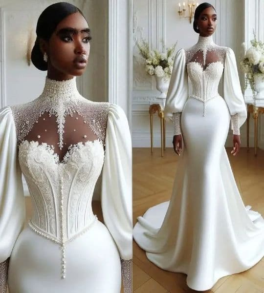 Stunning African Wedding Dress Aso Ebi High Neck Pearl Mermaid Bridal Gown Long Sleeve Satin Bohemian Gypsy Bride Dress Vestido De Novias 2026