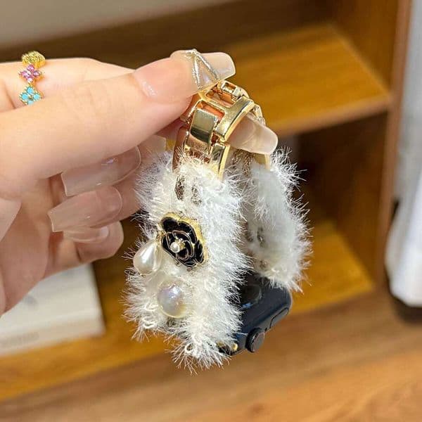 Plush Rhinestone Camellia Clover Watch Band Cozy Fall Winter Strap Compatible with Apple Watch Series 1-10 SE Ultra
