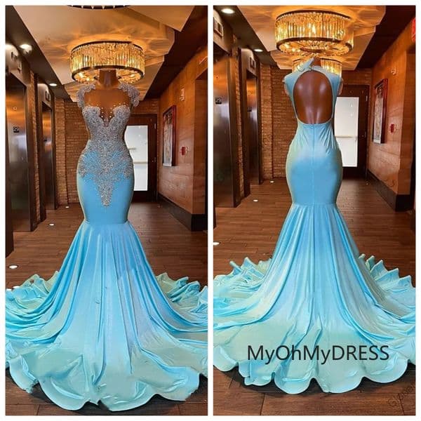 Baby Blue Sheer Neck Prom Dresses For Black Girls Beaded Crystal Diamond Birthday Party Dresses Mermaid Formal Gowns robe de soiree mariee luxe 0209