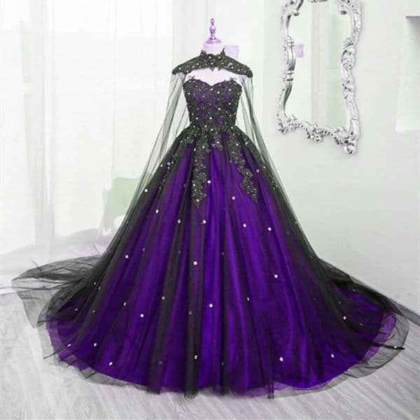 Purple And Black Gothic Wedding Dresses With Wrap Lace Appliques Beaded A-Line Long Vintage Bridal Gowns Vestido De Novia 0209
