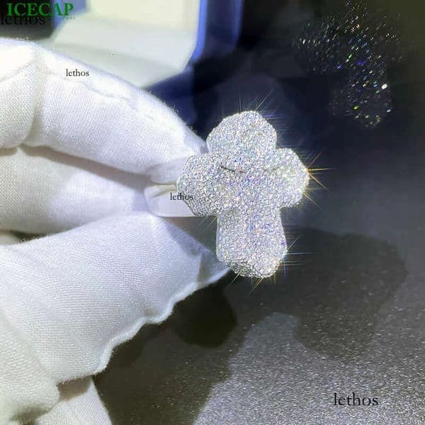 Custom Men's Jewelry: Iced-Out Moissanite Sterling Sier Cross Ring Featuring Shimmering Gemstones ba