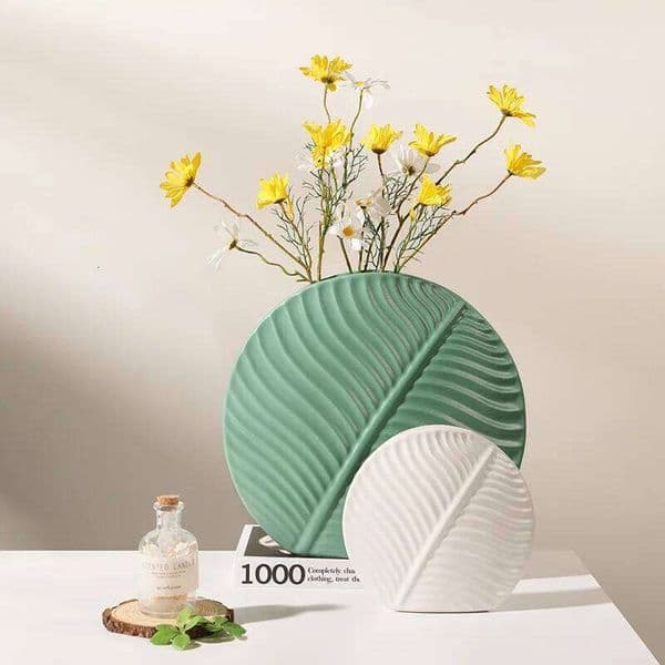 European Ceramic Living Room Decoration Vase Desktop Creative Green Leaf Flower Arrangement Ornament 26H0209