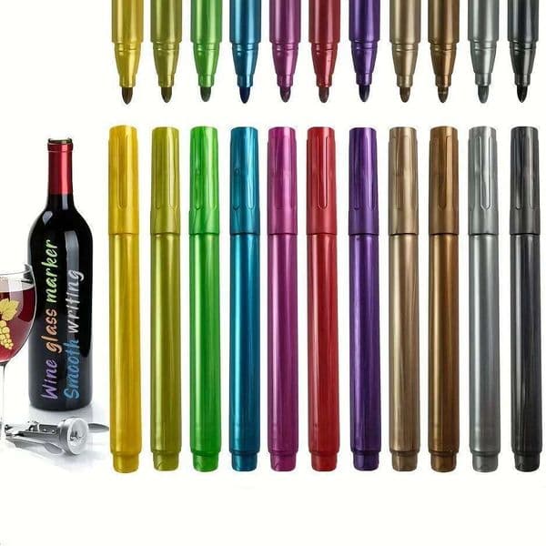 12pcs Glass Markers, Non-Toxic Erasable Fine Tip Markers for Wine Bottles, Ceramic and Glasses. 26W0209