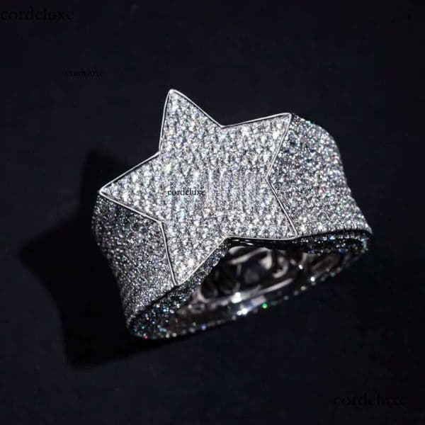 Hip-Hop Rock Style Iced Out 5-Point S Plated White Gold with DEF VVS Moissanite Men's Ring Popular Star Fashion da