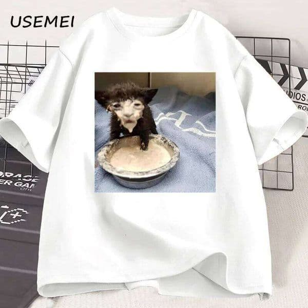Milk face stem T-shirt, a strange and interesting cat printed for men, 100% cotton short-sleeved T-shirt X260209